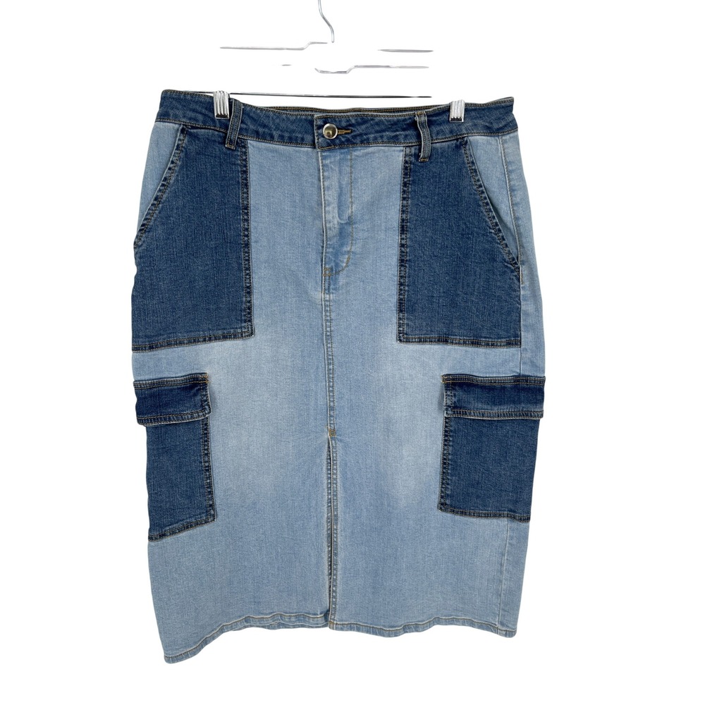 Womens Stretch Denim Cargo Midi Skirt L Blue Butter Mom Colorblock Office